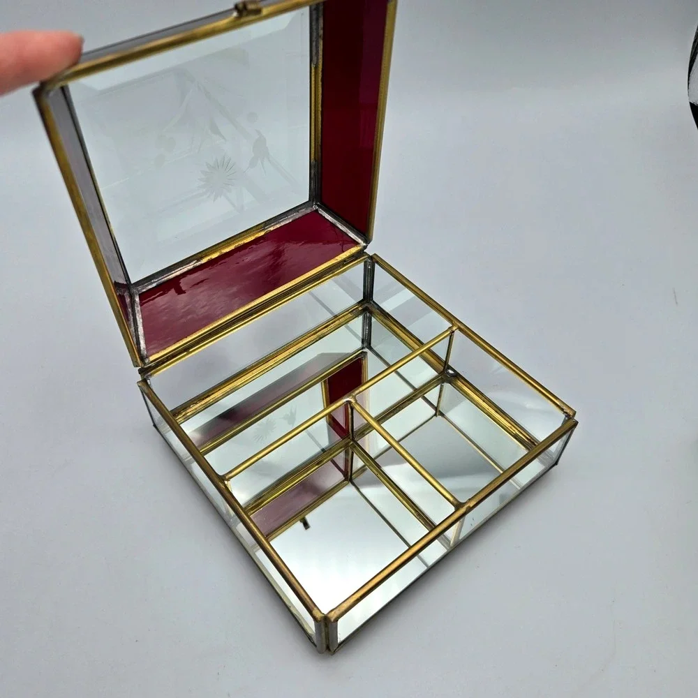 Vtg Glass & Brass Domed Jewelry Box Red Clear Casket Mirrored Bottom Beveled Top